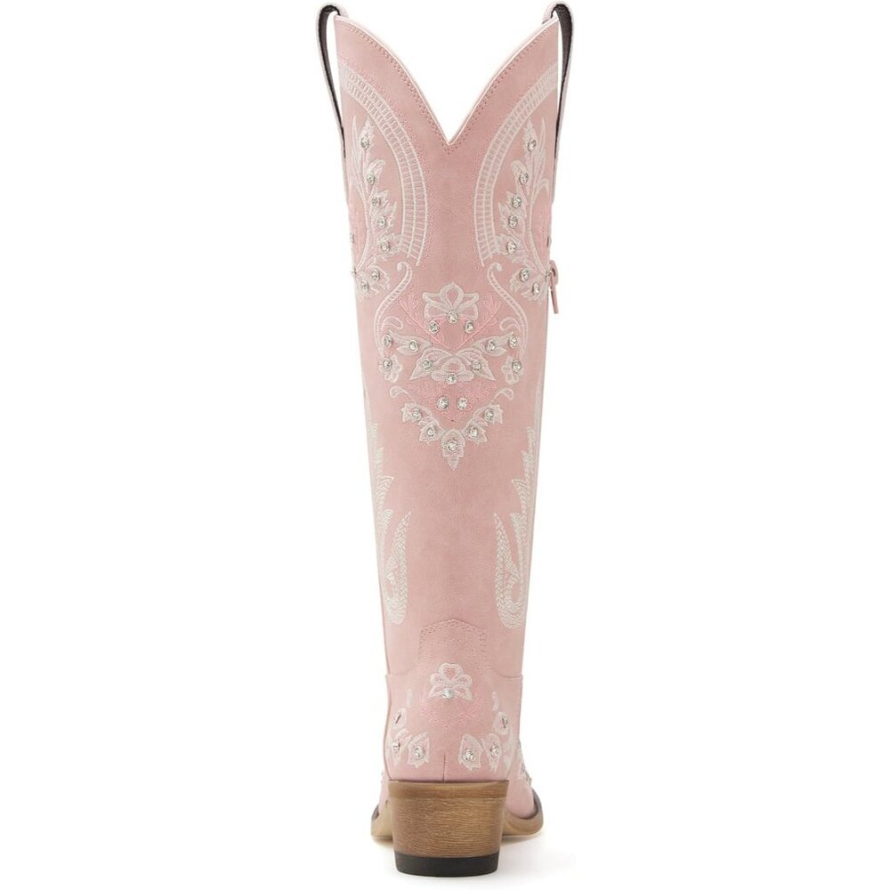 Women's Pink Embroidered Rhinestones Knee High Cowgirl Boots Pointed Toe - Picture 5 of 7